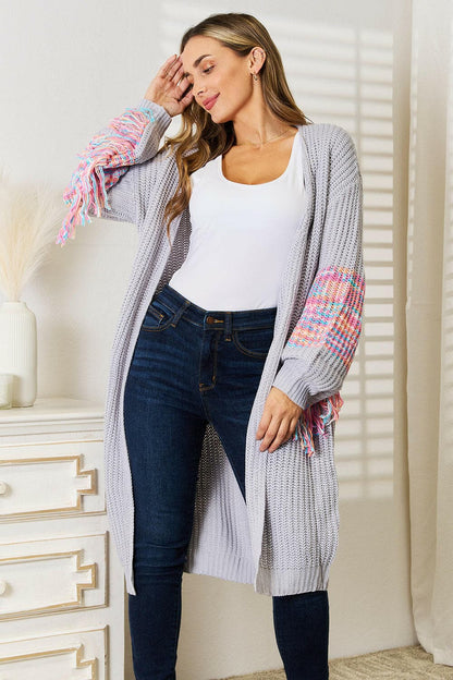 Woven Right Fringe Sleeve Dropped Shoulder Cardigan.