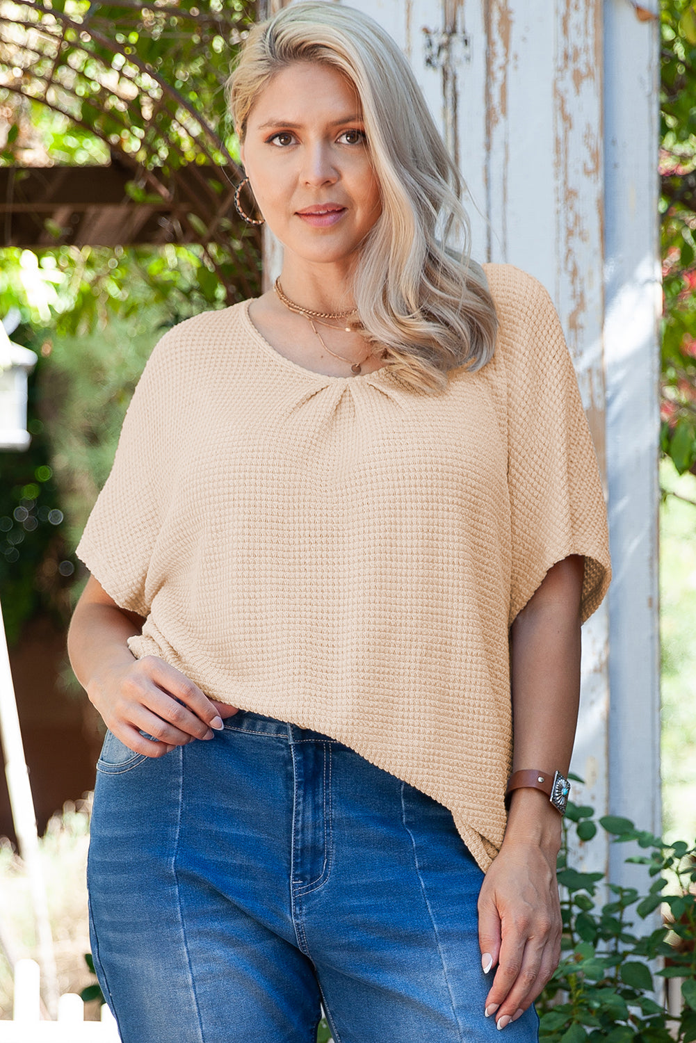 Beige textured plus size tee with lace detail