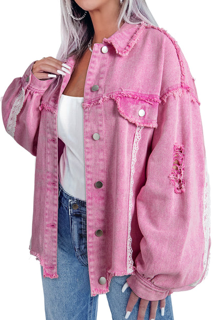 Chic pink lace and distressed denim jacket with button closure