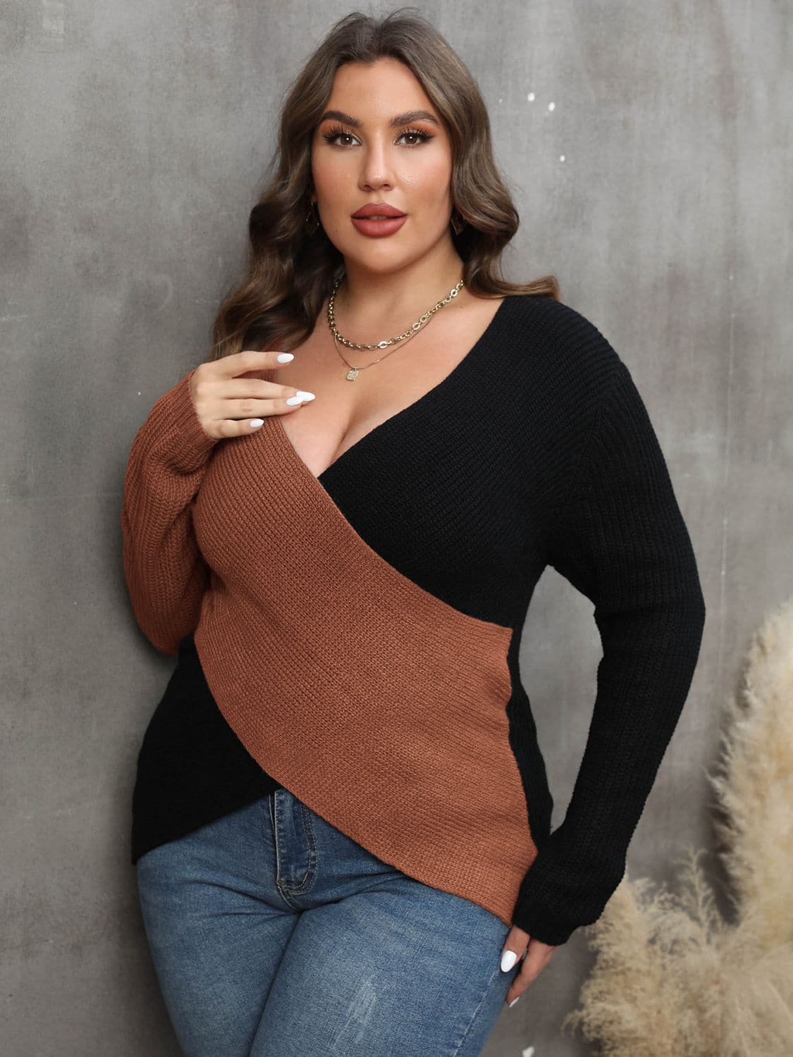 Plus Size Two-Tone Surplice Neck Sweater.