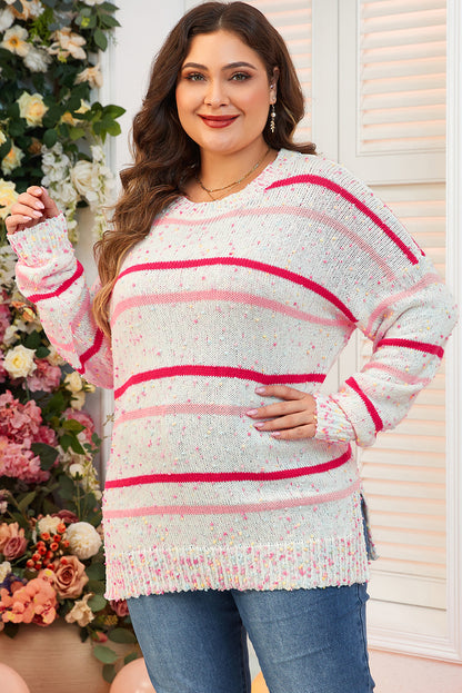 Chic pink stripe plus size drop shoulder sweater with side split