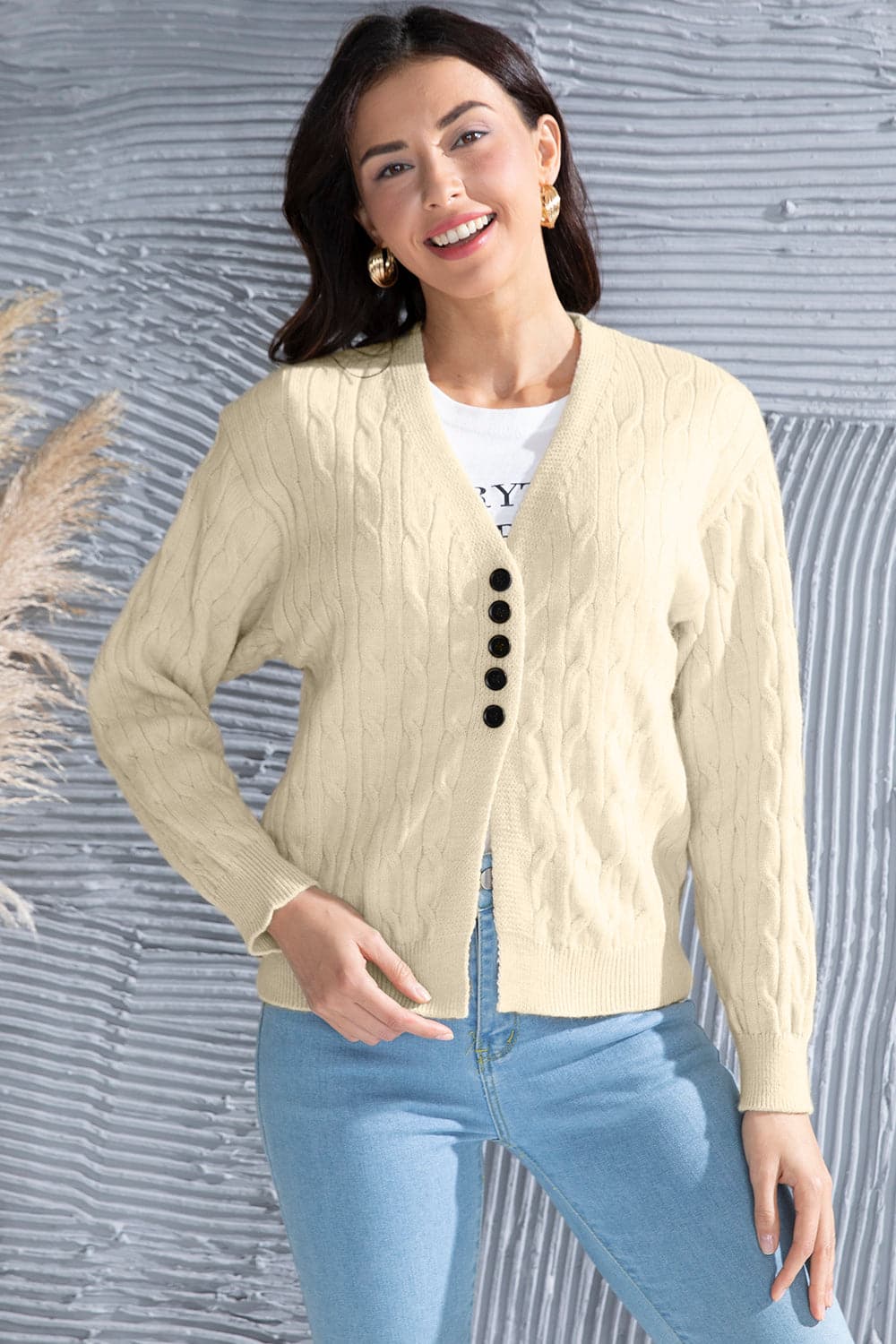 Cable-Knit Button Up Dropped Shoulder Cardigan.