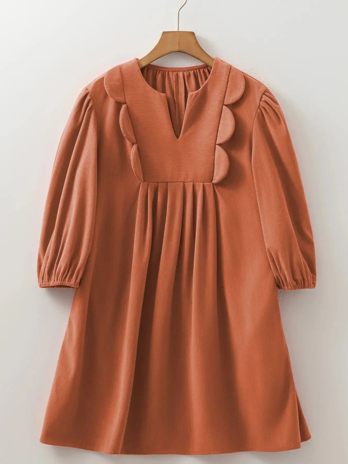 Split Neck Scallop Detail Corduroy Mini Dress Simply Love