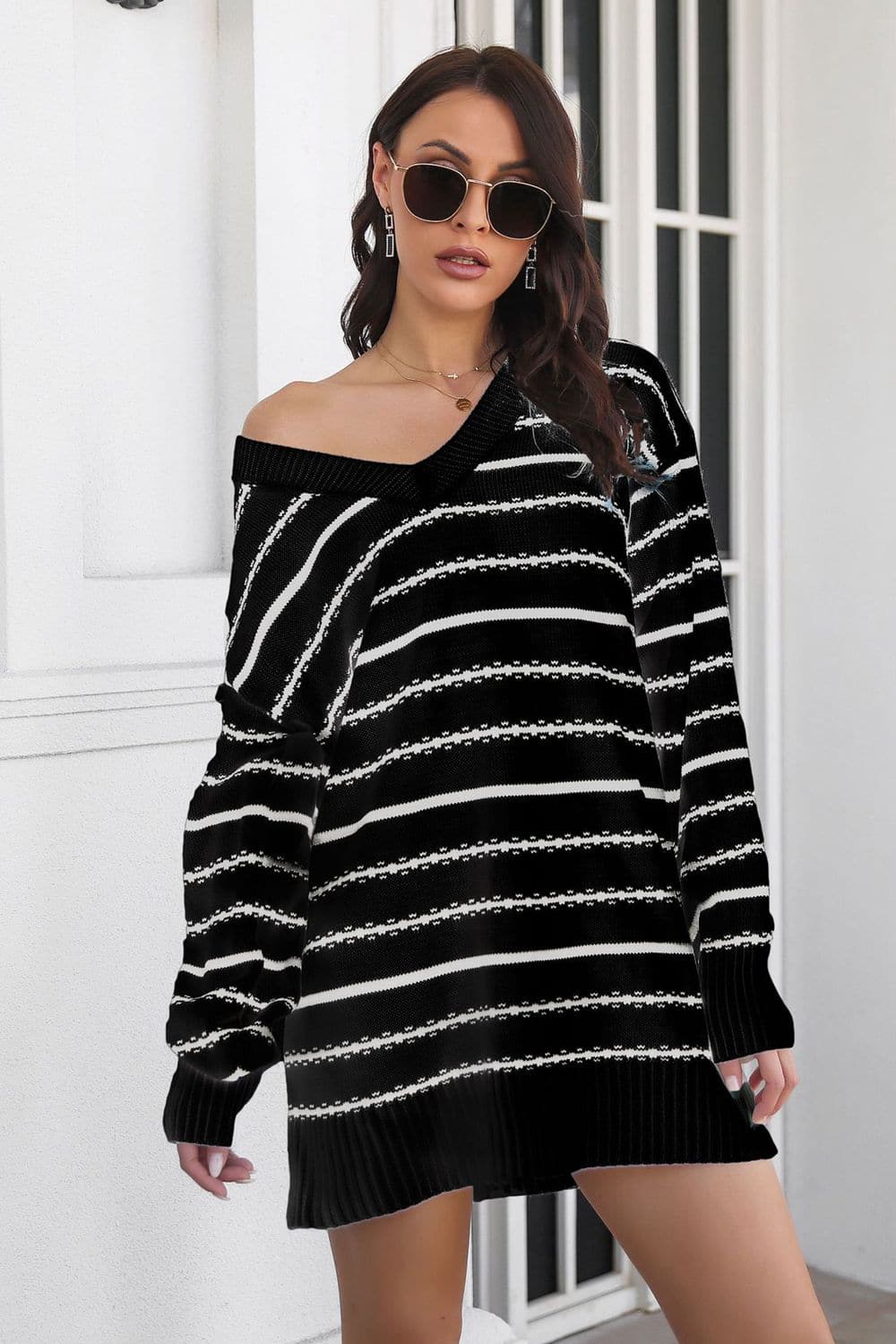 Striped V-Neck Sweater Dress.