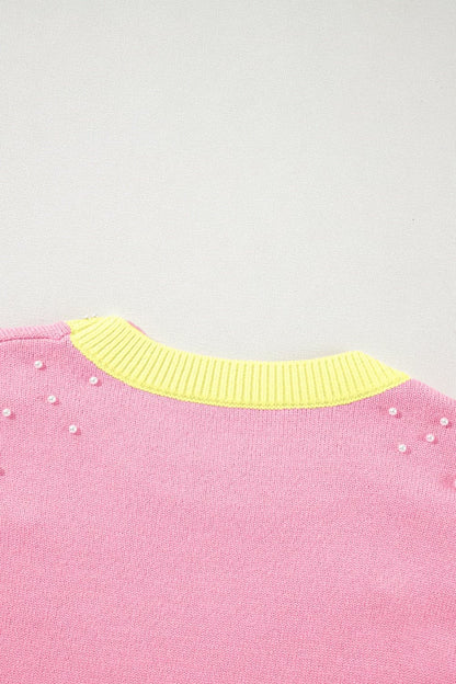 Pearl Detail Contrast Round Neck Sweater.