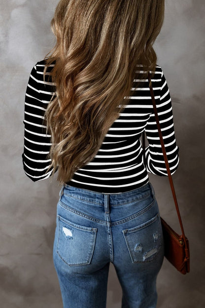 Striped V-Neck Long Sleeve Top.