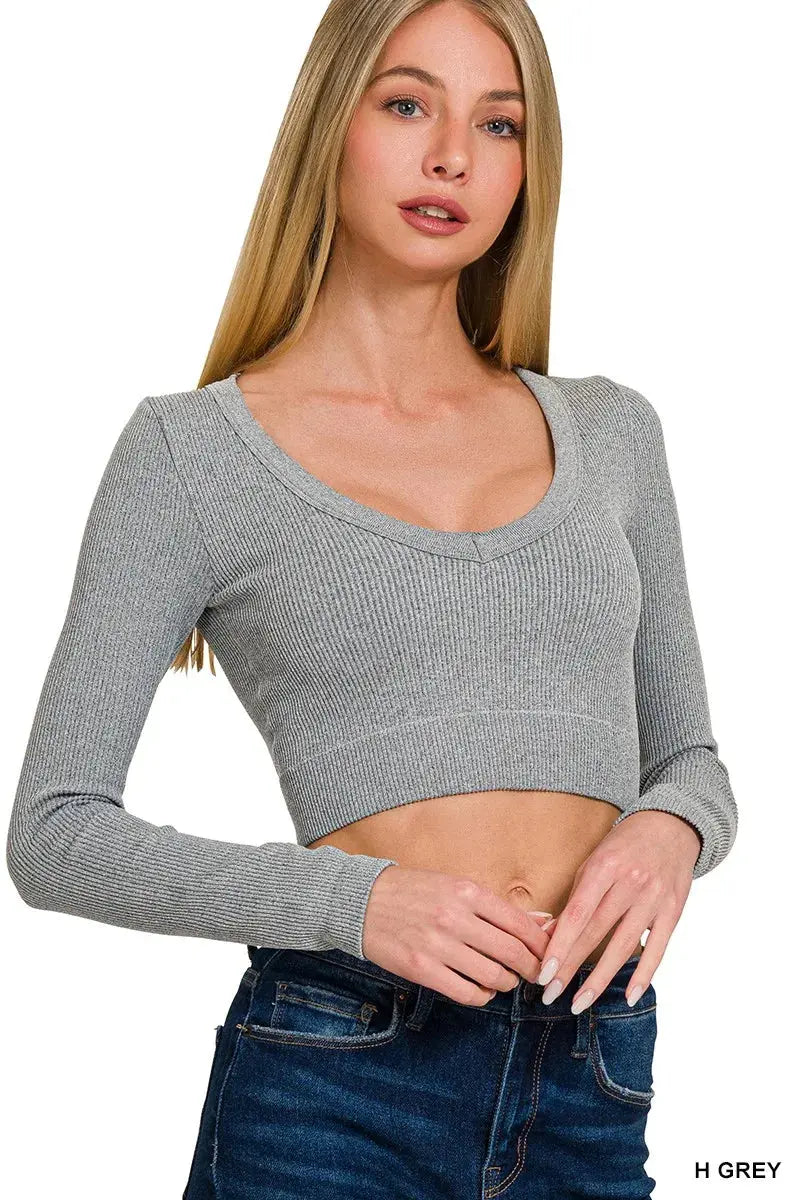 Zenana Seamless Fitted Rib V-neck Long Sleeve Crop Top - Love Salve 