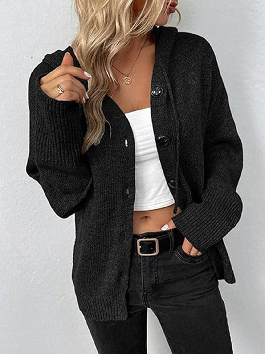 Button Up Drawstring Long Sleeve Hooded Cardigan.