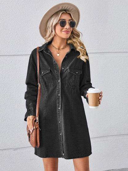 Pocketed Dropped Shoulder Mini Denim Dress.