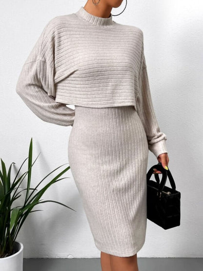 Mock Neck Long Sleeve Top with Wide Strap Dress Combo Set