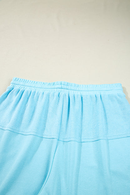 Blue Casual Aruba Blue Plus Size Solid Color Splicing Raw Hem Pullover Top Shorts Set - View 9 by Dear-Lover Dropshipping
