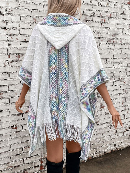 Fringe hooded poncho - acrylic, one size