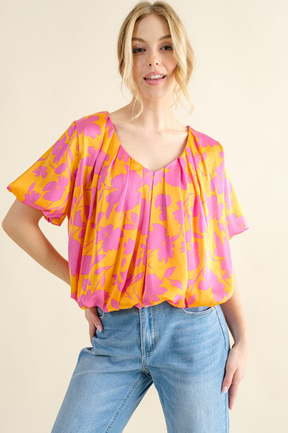 And The Why Full Size Printed Satin Bubble Hem Top.