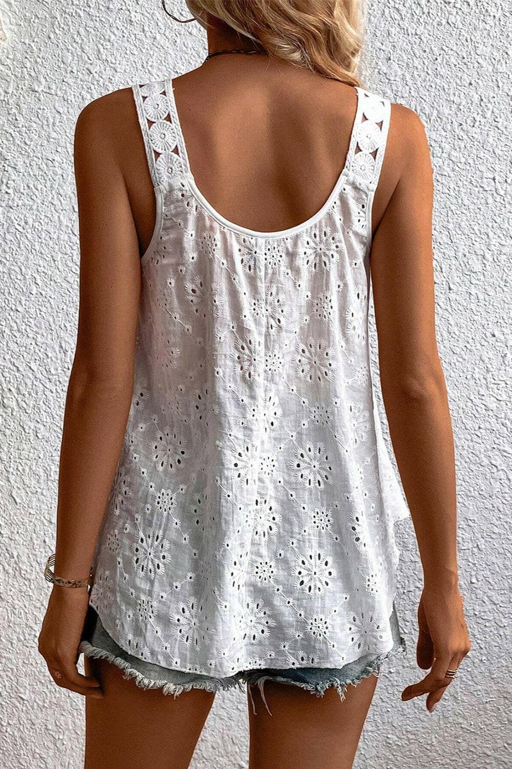 Eyelet Round Neck Wide Strap Tank.