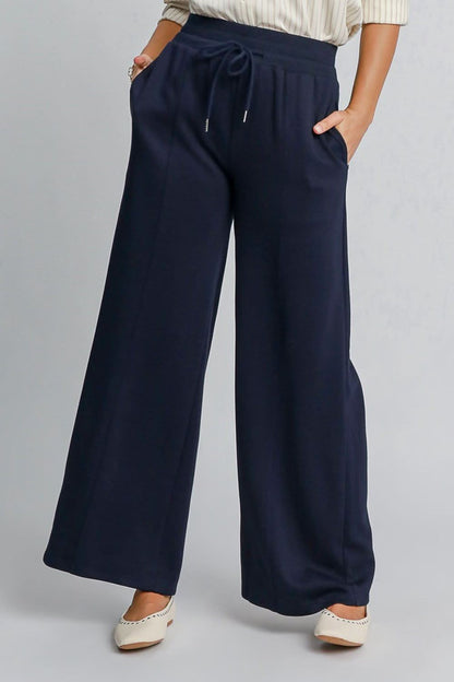 Chic Opaque Drawstring Wide Leg Trousers with Functional Pockets