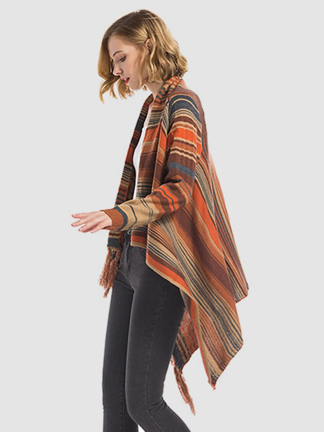 Tassel-trimmed open front cardigan with angel wings design