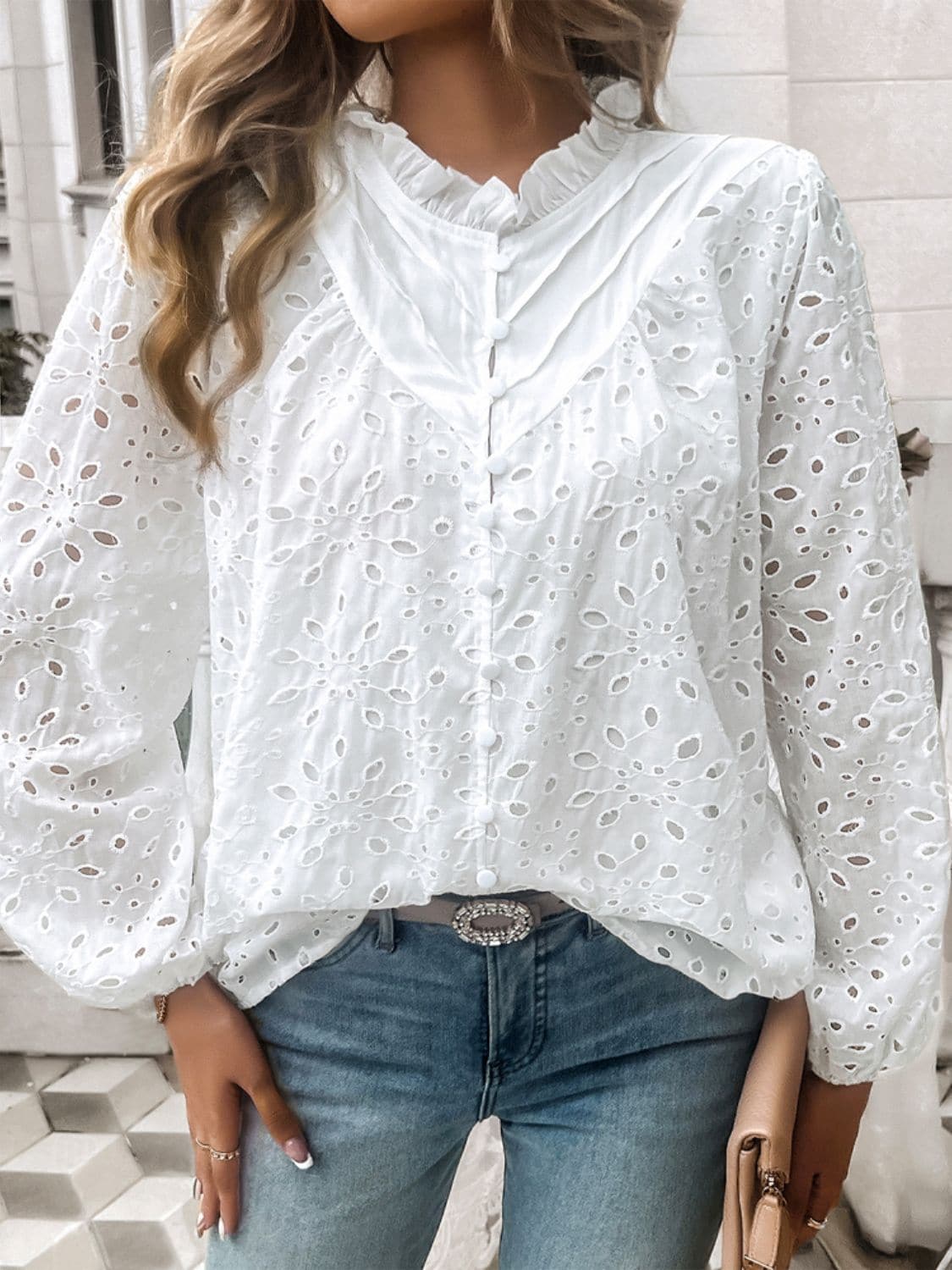 Frill Round Neck Long Sleeve Shirt.