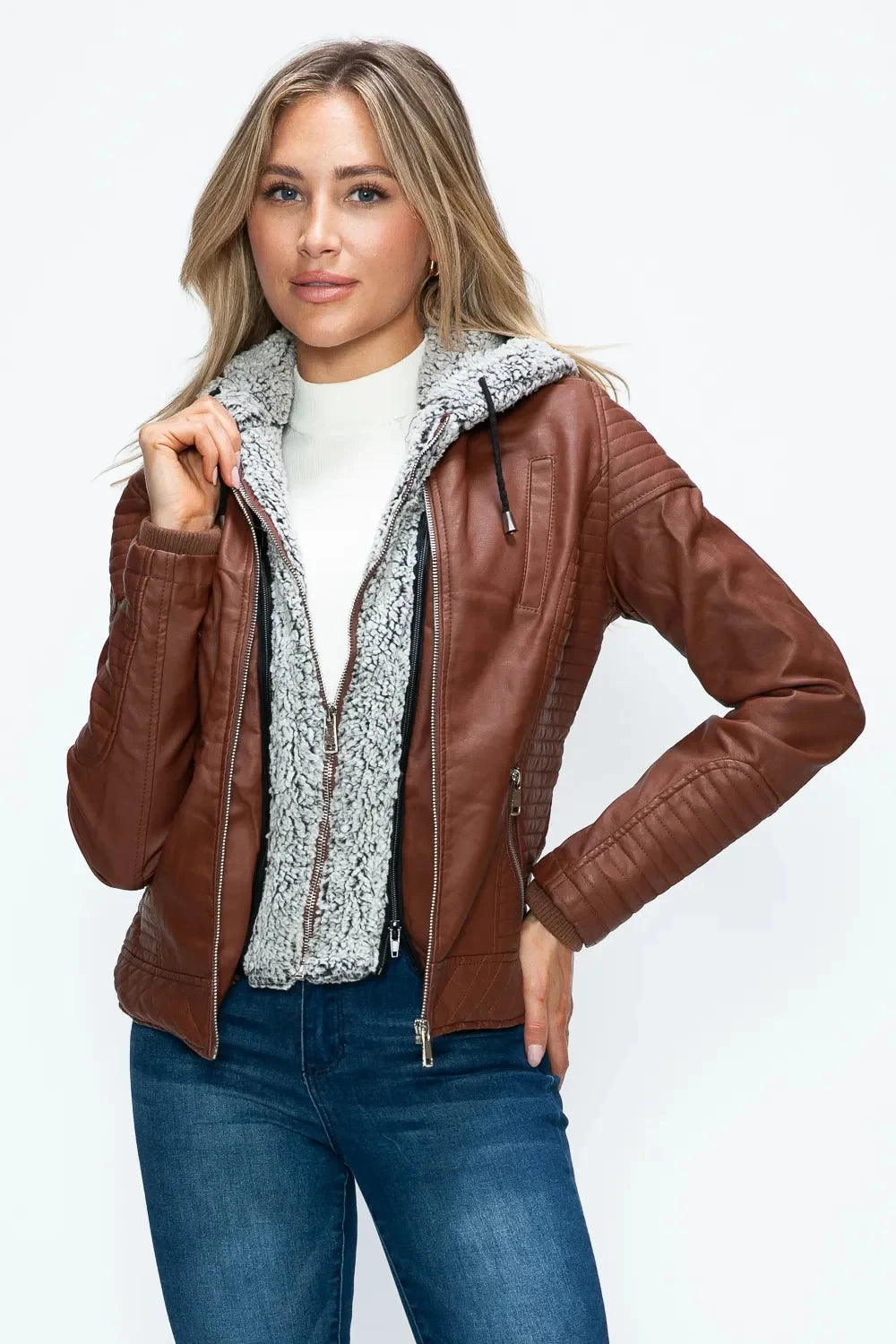 YMI Faux Layered Double-Zipper Jacket with Fuzzy Hood Coco’s Tee Boutique