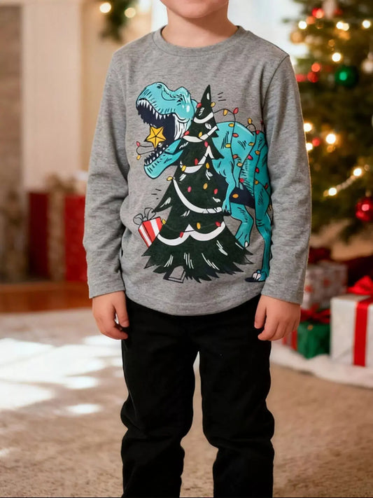 Children's Dinosaur Christmas Tree Graphic Long Sleeve T Shirt Simply Love