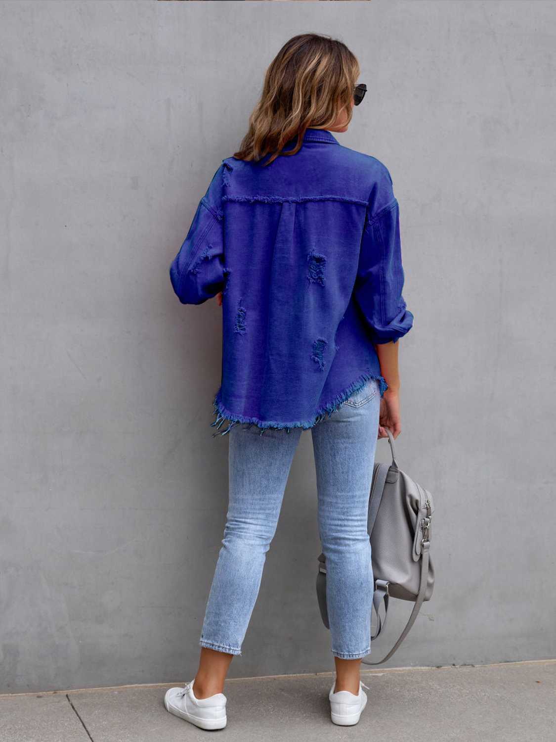 Distressed Drop Shoulder Denim Jacket Coco’s Tee Boutique
