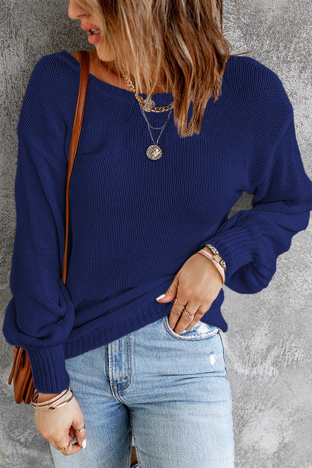 Double Take Tied Balloon Sleeve Round Neck Sweater.