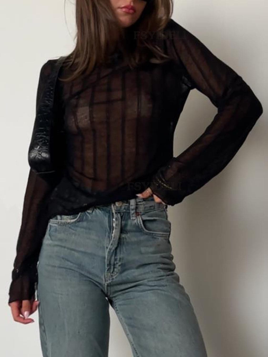 Sheer long sleeve round neck tee