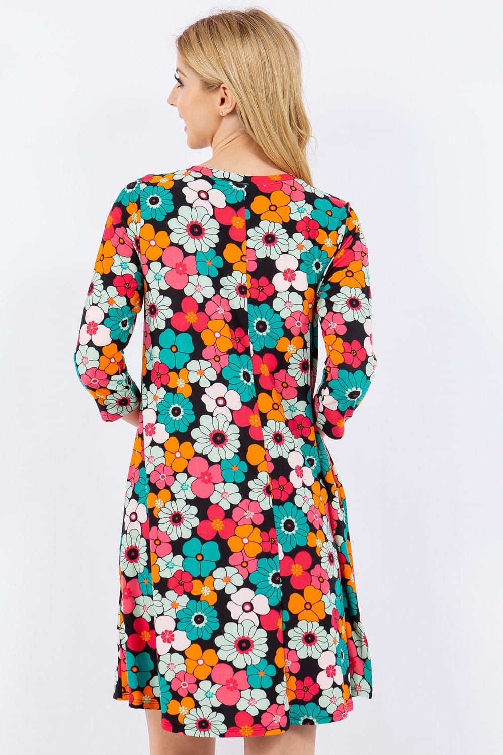 Celeste Full Size Floral Three-Quarter Sleeve Dress with Pockets.