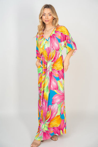 White Birch Printed V-Neck Maxi Dress with Pockets.