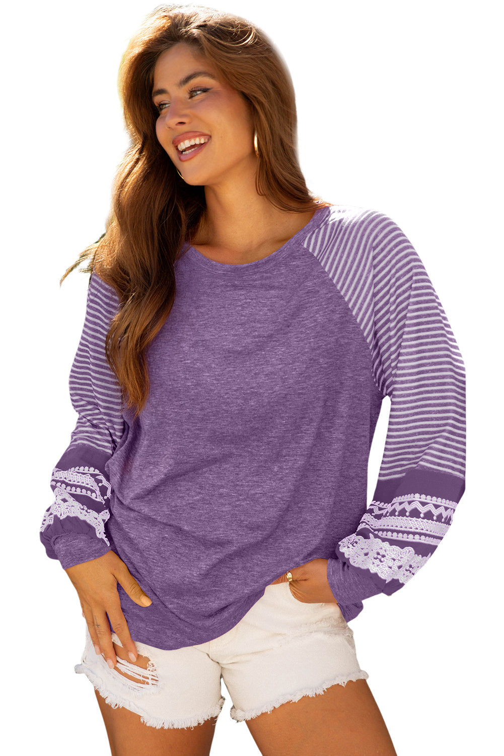 Tillandsia Purple Contrast Print Striped Raglan Long Sleeve Dear-Lover Dropshipping