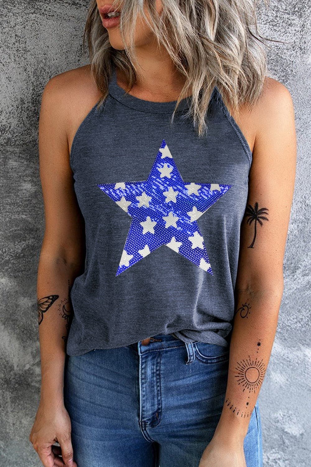 Sequin Star Grecian Neck Tank.