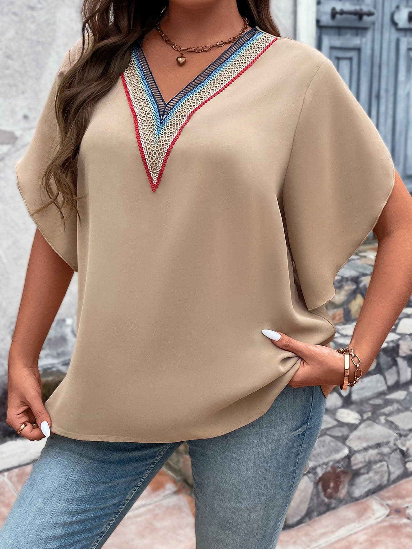 Plus Size V-Neck Flutter Sleeve Blouse.