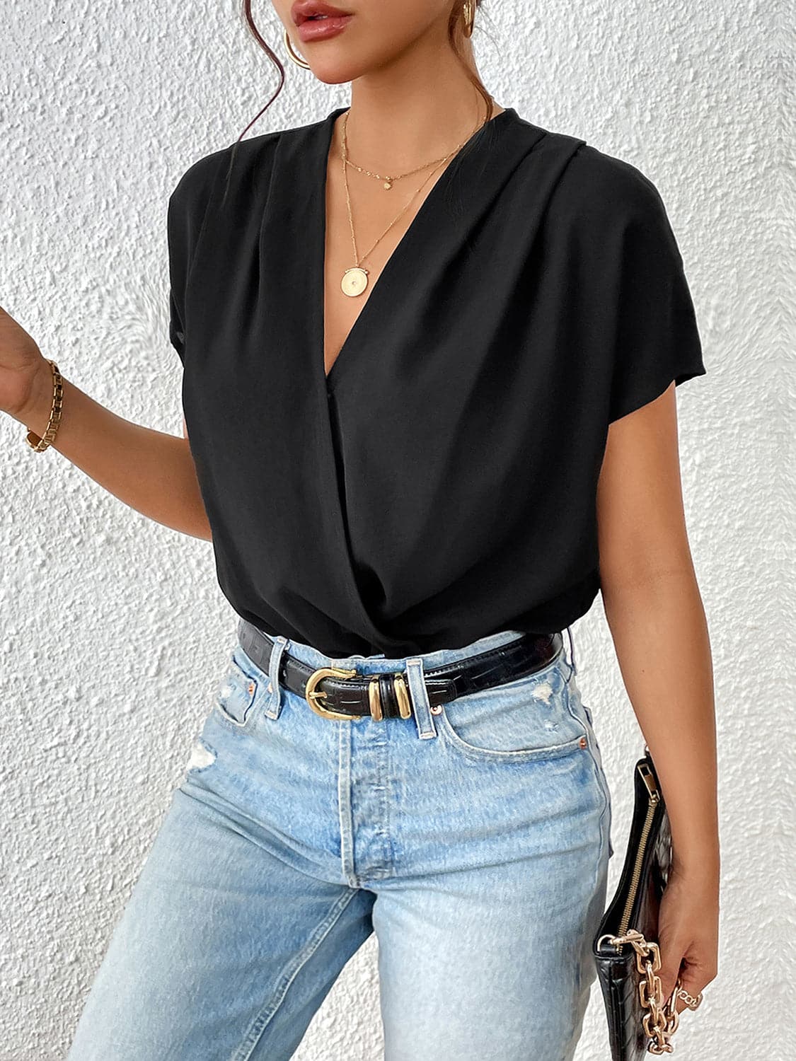 Surplice Short Sleeve Ruched Bodysuit.