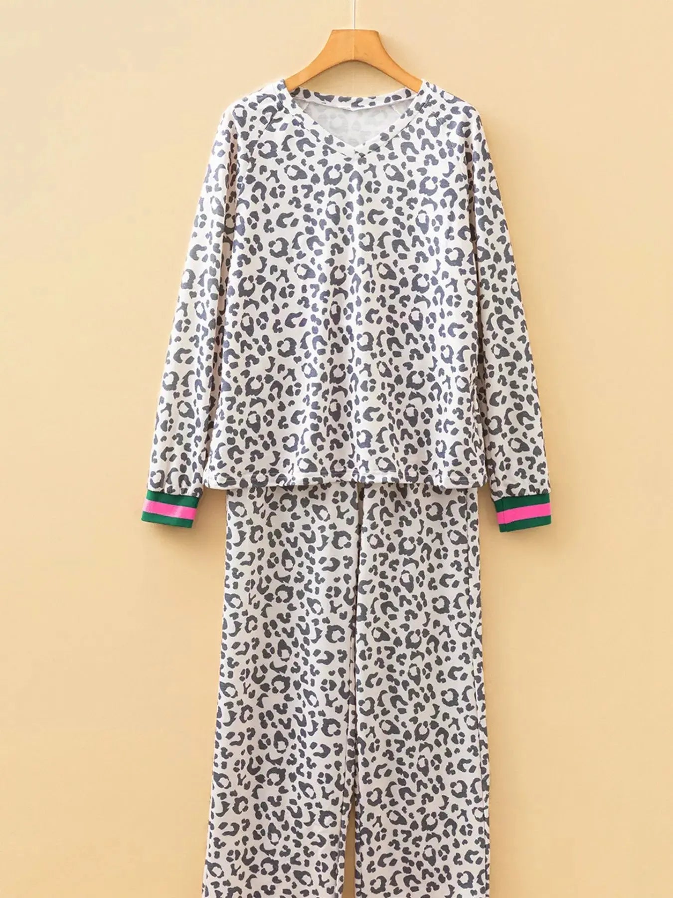 V Neck Leopard Long Sleeve Top Striped Webbing Patchwork Drawstring Pant Set Simply Love