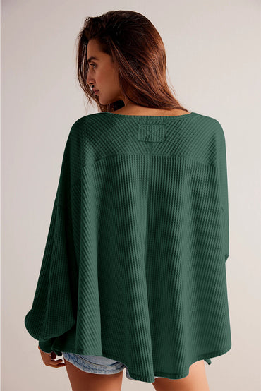 Chic blackish green waffle knit V-neck long sleeve blouse with drop shoulders