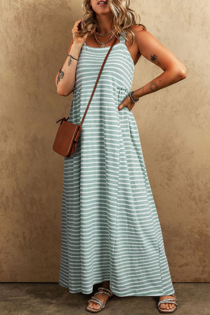 Shirred High Waist Green Striped Maxi Dress with Frills and Sleeveless Design