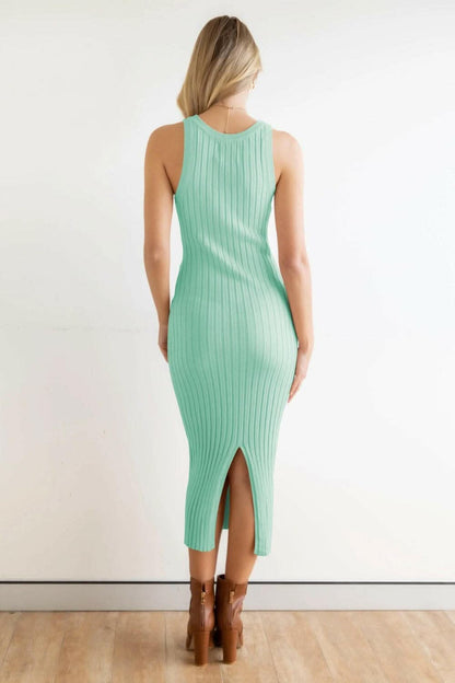 Slit Ribbed Round Neck Sleeveless Dress.