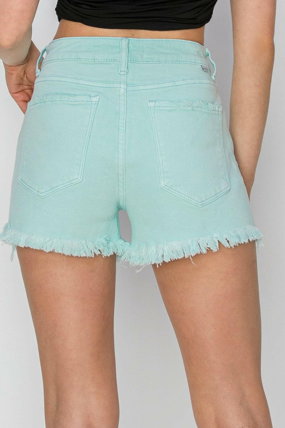 RISEN Mid Waist Frayed Hem Denim Shorts.