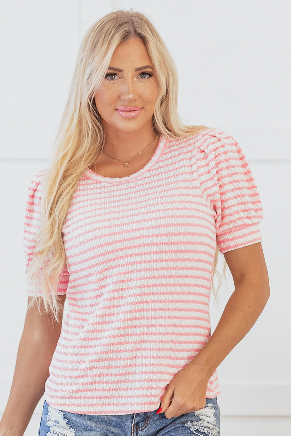 Pink Stripe Textured Puff Sleeve Crewneck Top for Women