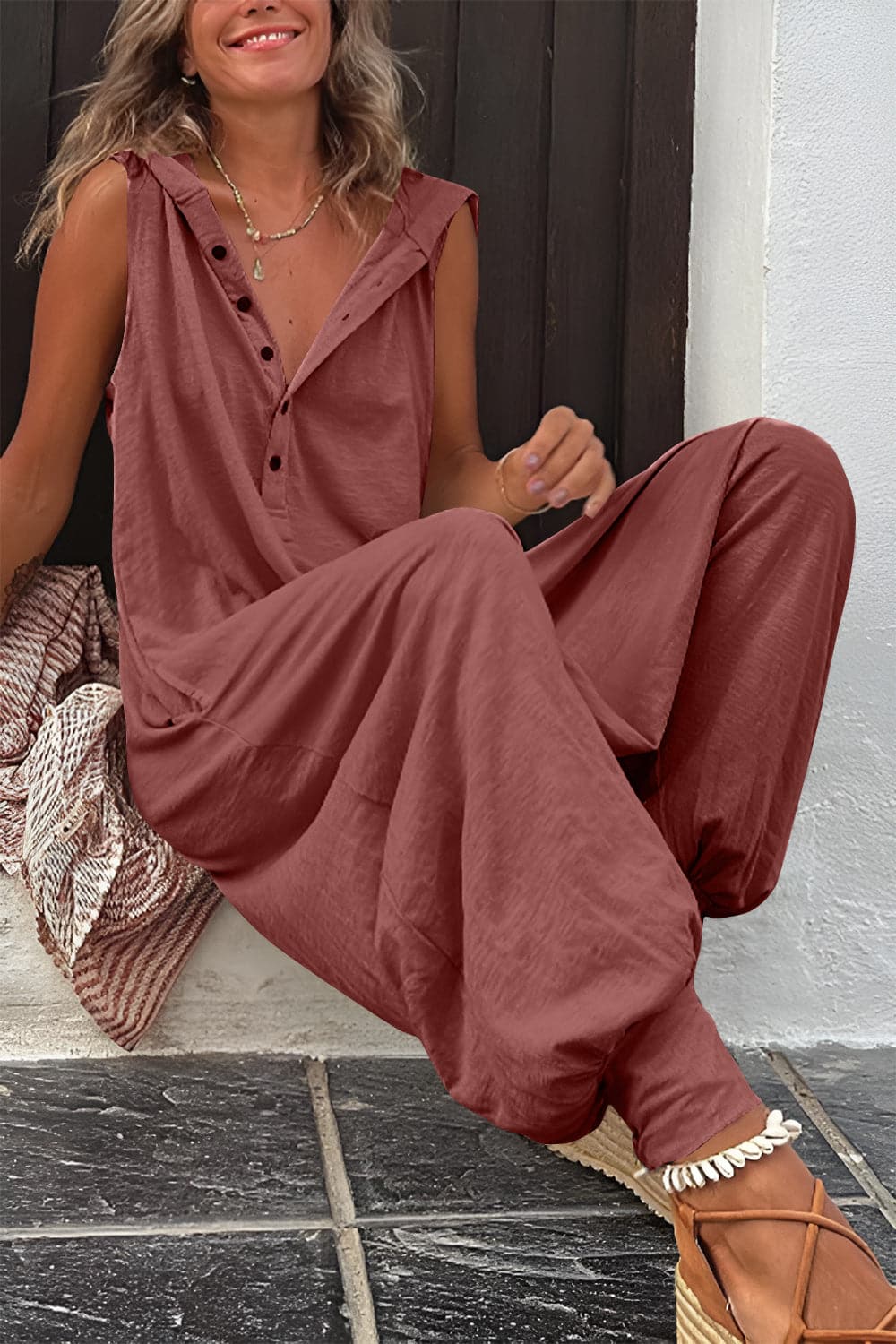 Full Size Half Button Sleeveless Jumpsuit.