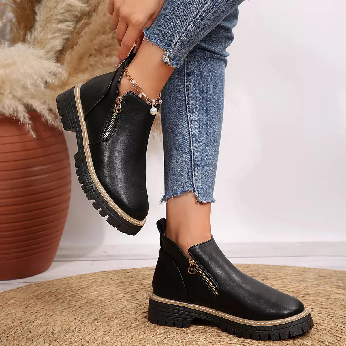 PU Leather Ankle Boots With Zipper Detail And Chunky Sole Simply Love