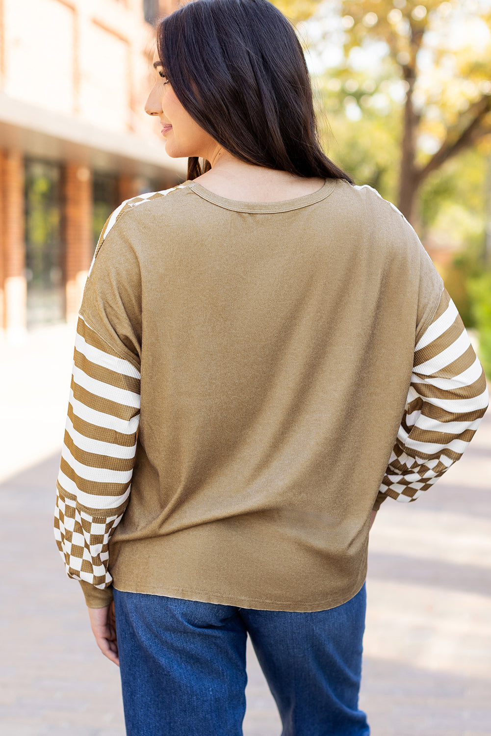 Khaki patchwork blouse with plaid design