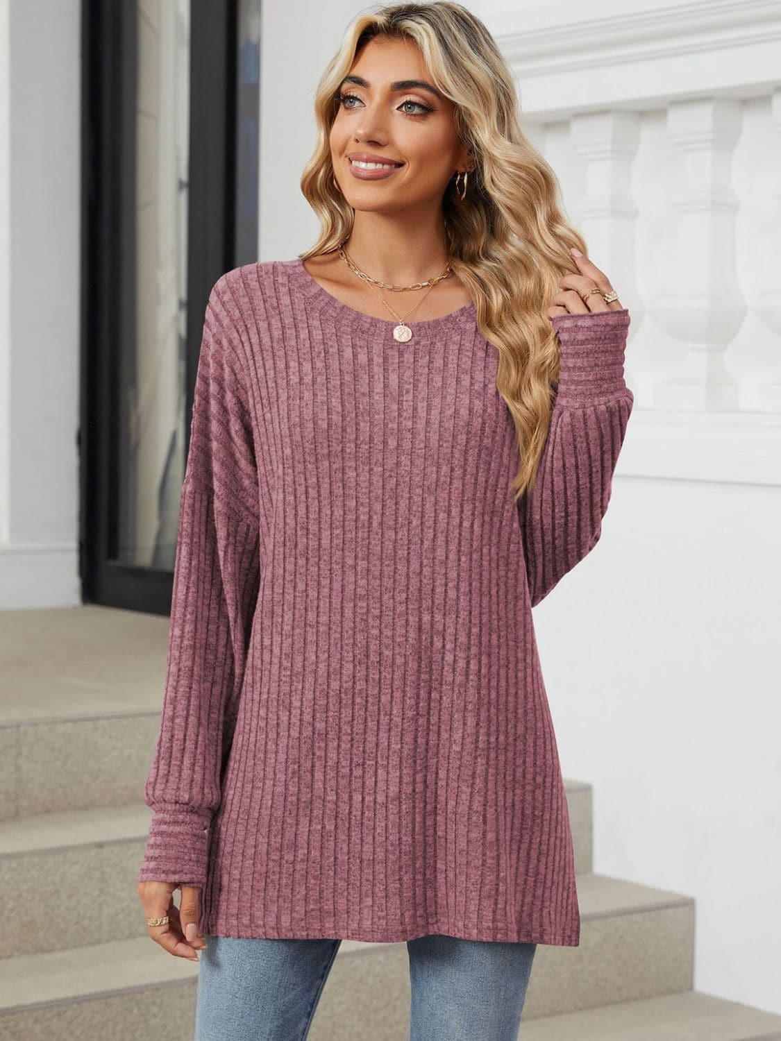 Ribbed Round Neck Long Sleeve T-Shirt.