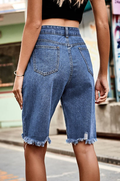 Raw Hem High Waist Denim Shorts with Pockets.