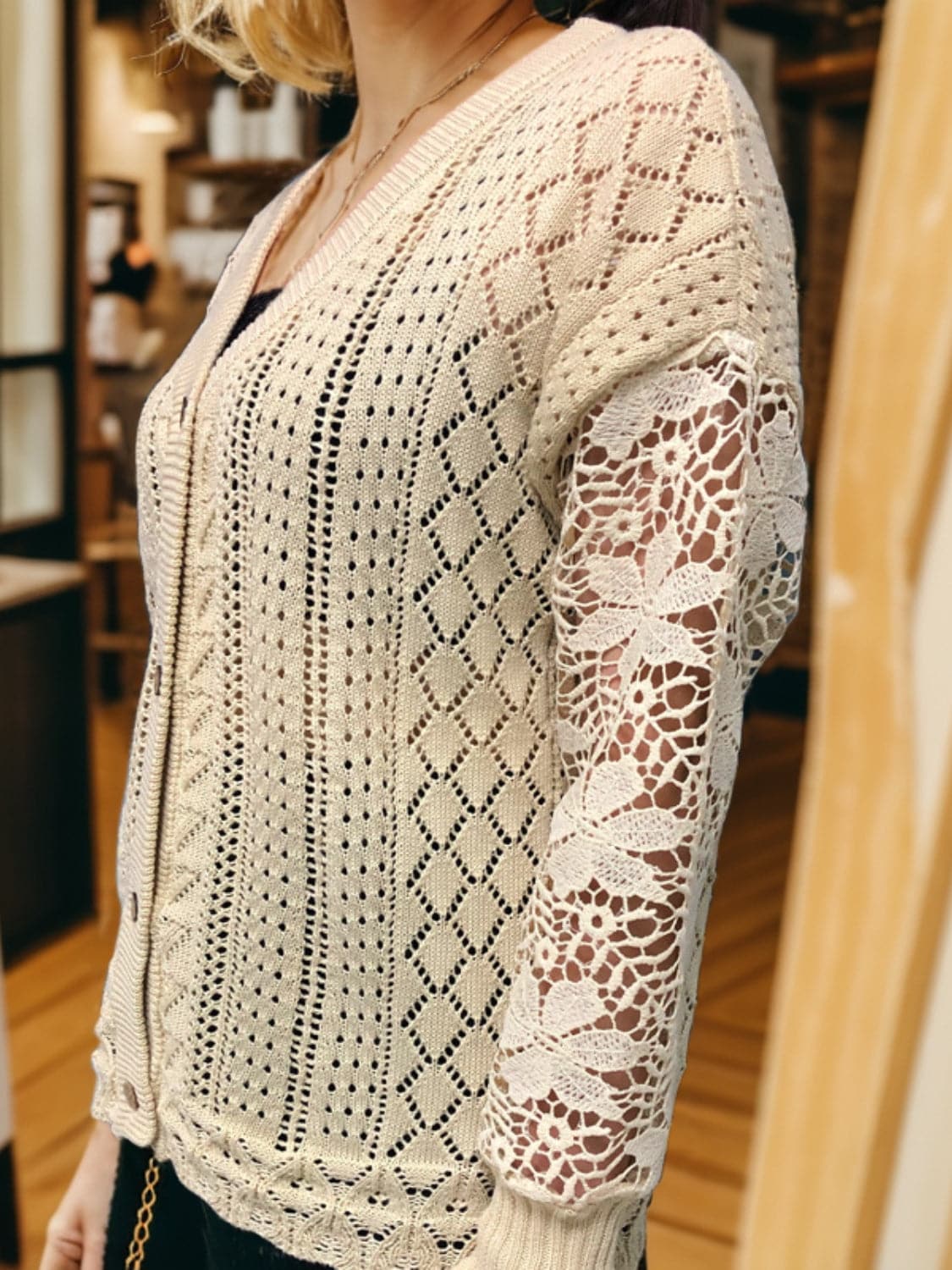 Eyelet Button Up Lantern Sleeve Cardigan.