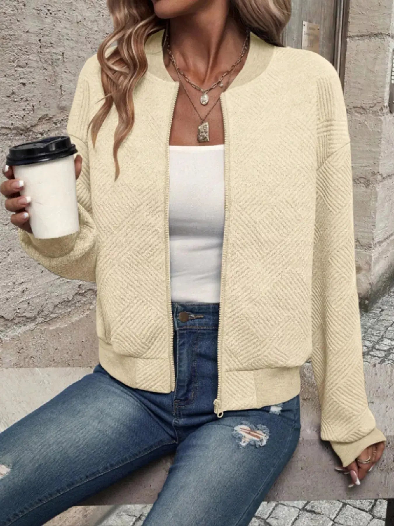 Textured Knit Zip-Up Bomber Jacket Simply Love