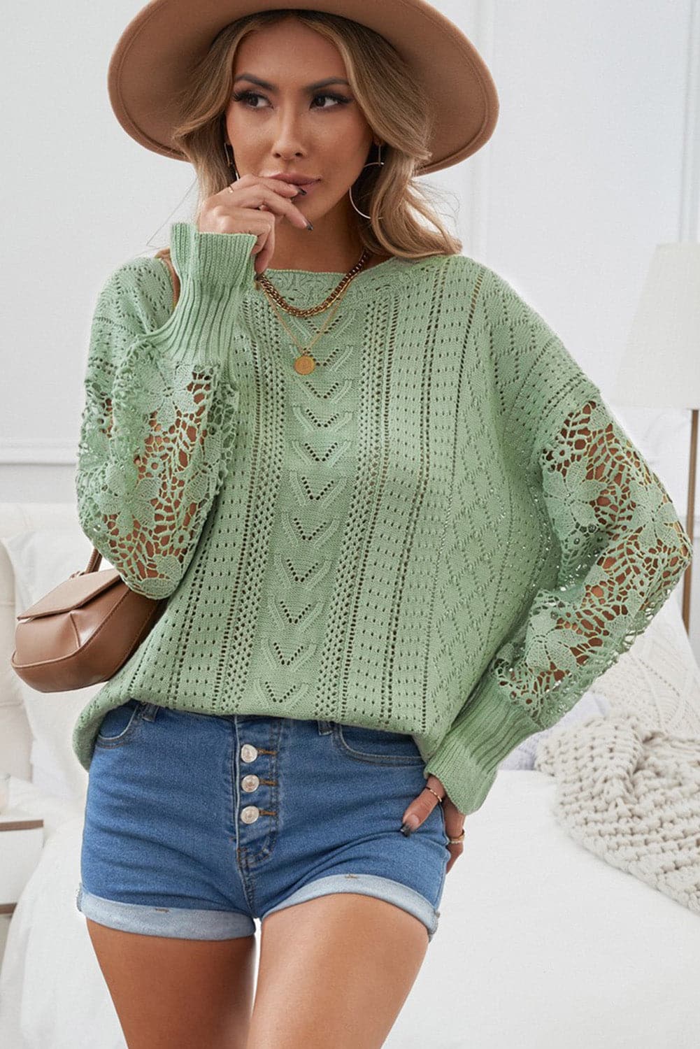 Openwork Lantern Sleeve Dropped Shoulder Sweater.