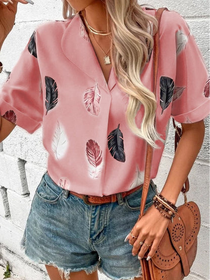 Full Size Printed Collared Neck Short Sleeve Blouse.