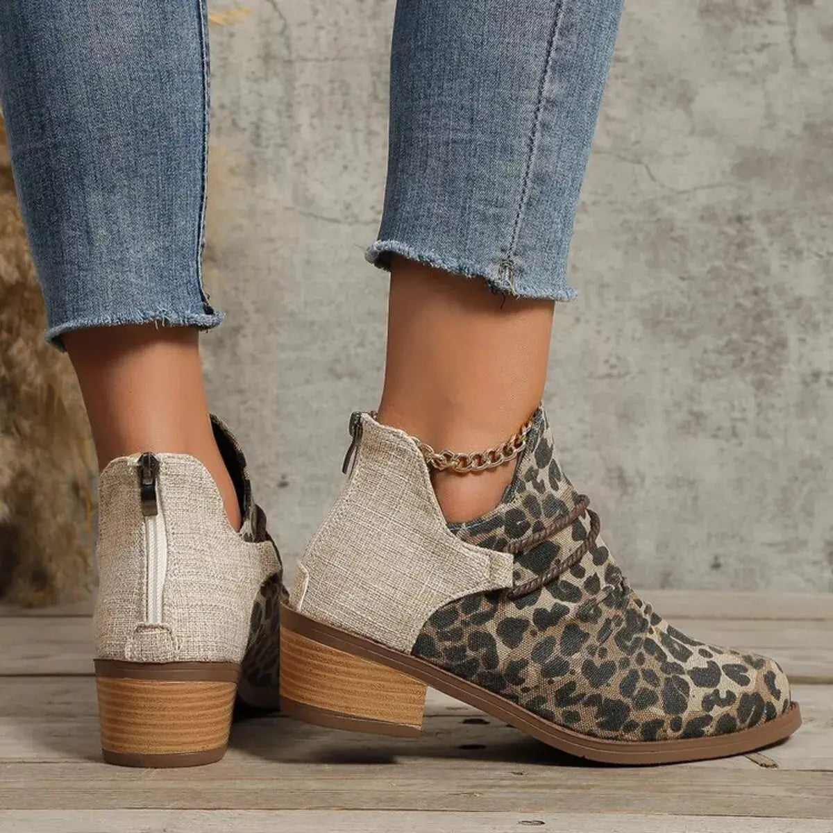 Two Tone Denim Block Heel Ankle Boots Beige Accent Simply Love