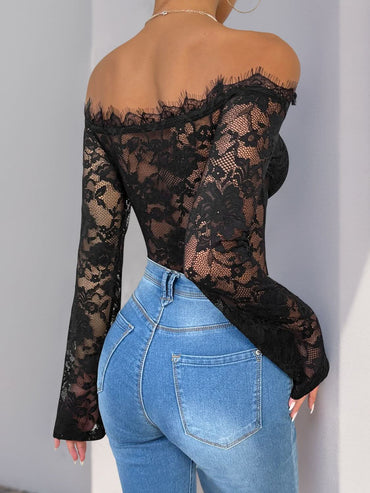 Lace allure off-shoulder bodysuit with long sleeves