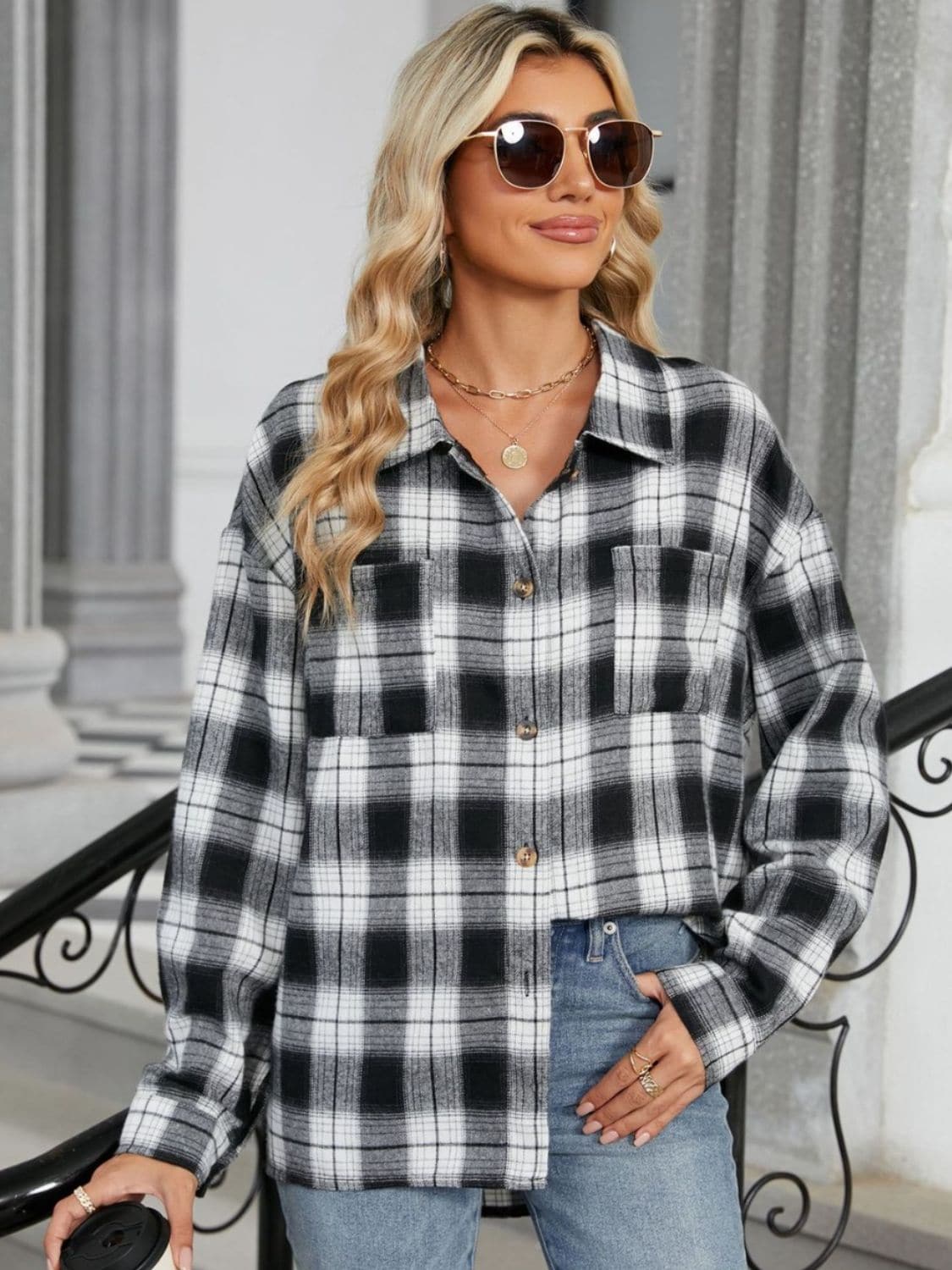 Plaid Collared Neck Long Sleeve Shirt.